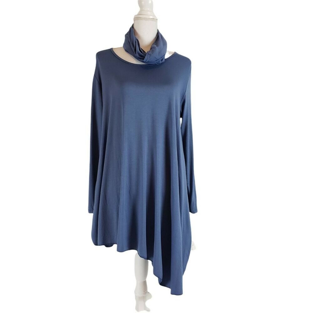 NEW!! Saga SIZE 10 Asymmetrical Lagenlook Tunic Top Blue Scarf Made in Italy